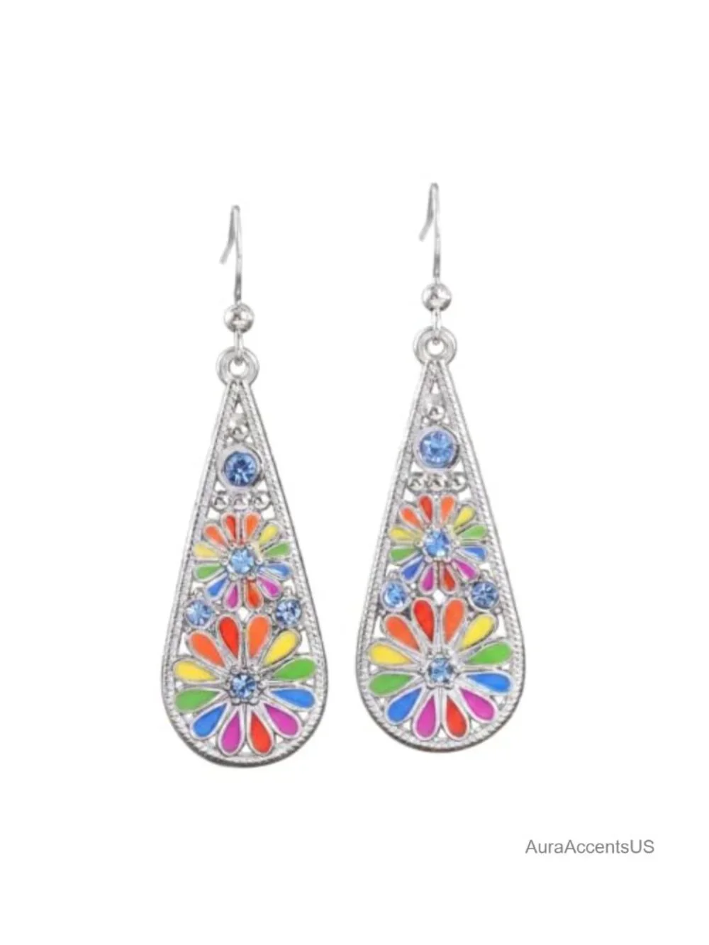 Bohemian Crystal Teardrop Pendant Dangle Earrings, Enamel Flower Hook Earrings,